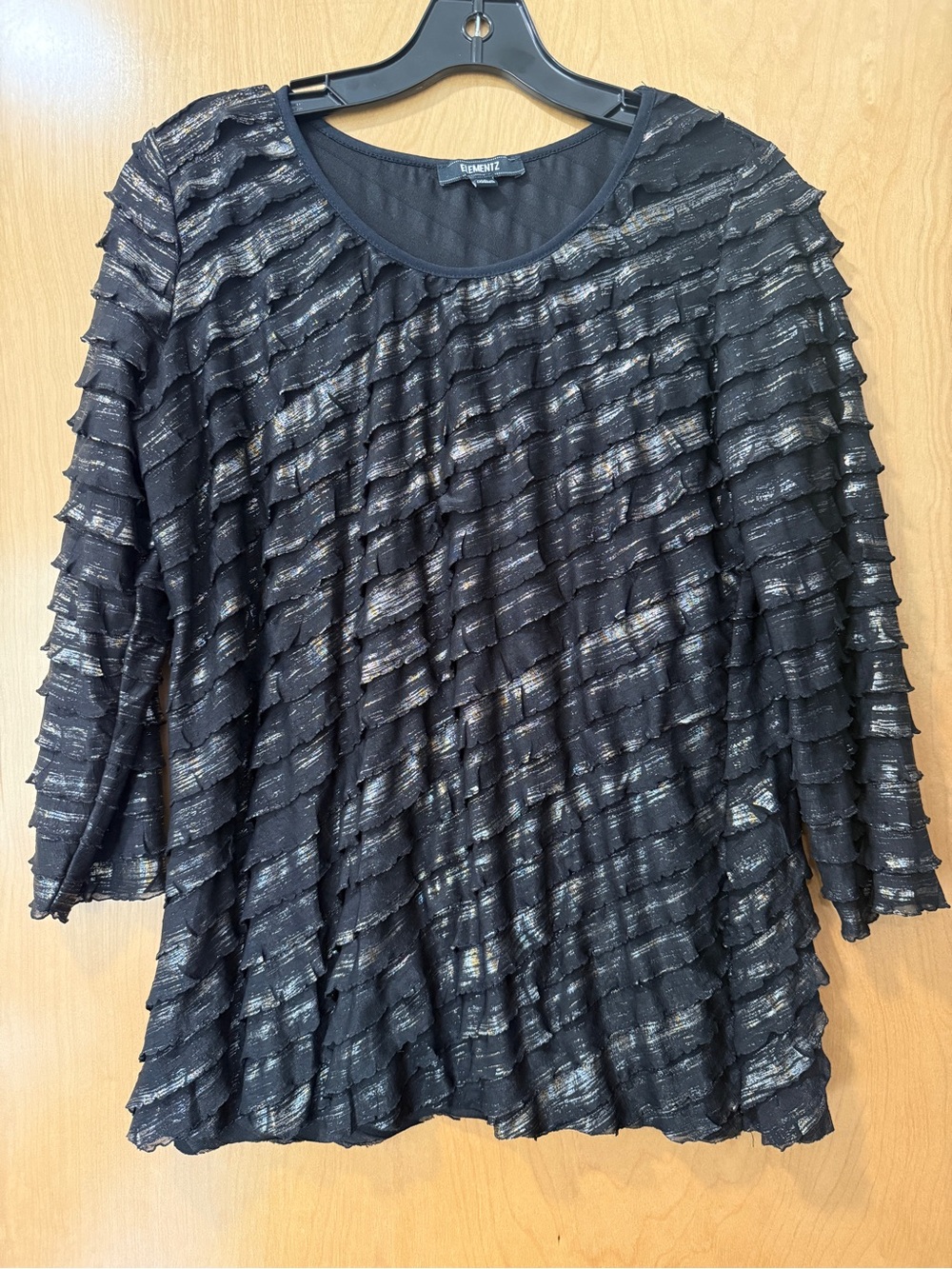 Elementz Black Metallic Ruffle Long-Sleeve Top